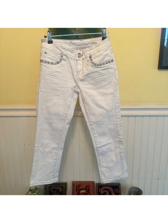 Miss Me Denim - Miss Me Womens White Rhinestone-Embellished Straight-Leg Jeans Size 1